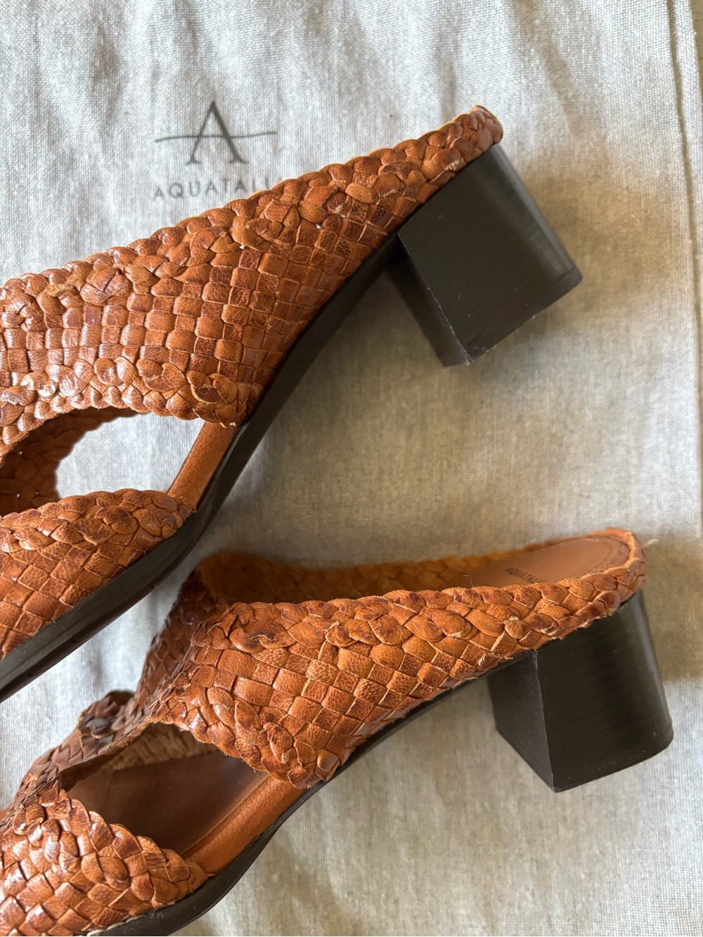 Aquatalia Brown Woven Leather Block Heel Mule Sandals 6.5 Italy - Picture 5 of 11
